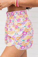 Pink Boho Floral Shirred High Waist Casual Shorts