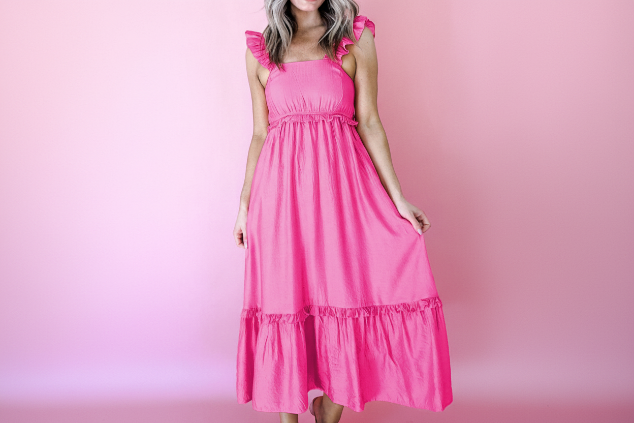 Fuchsia Pink Ruffle Trim Maxi Dress