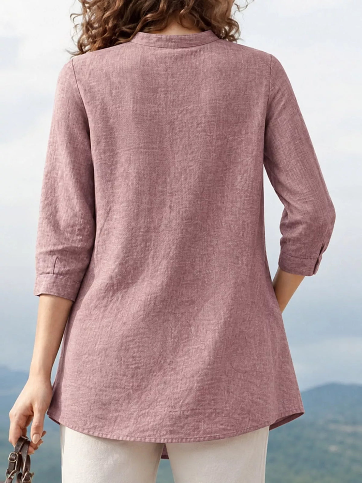 Marigold Collections Australia half button pocketed 3/4 sleeve blouse, light fabric, casual top, front view showing buttons and pockets