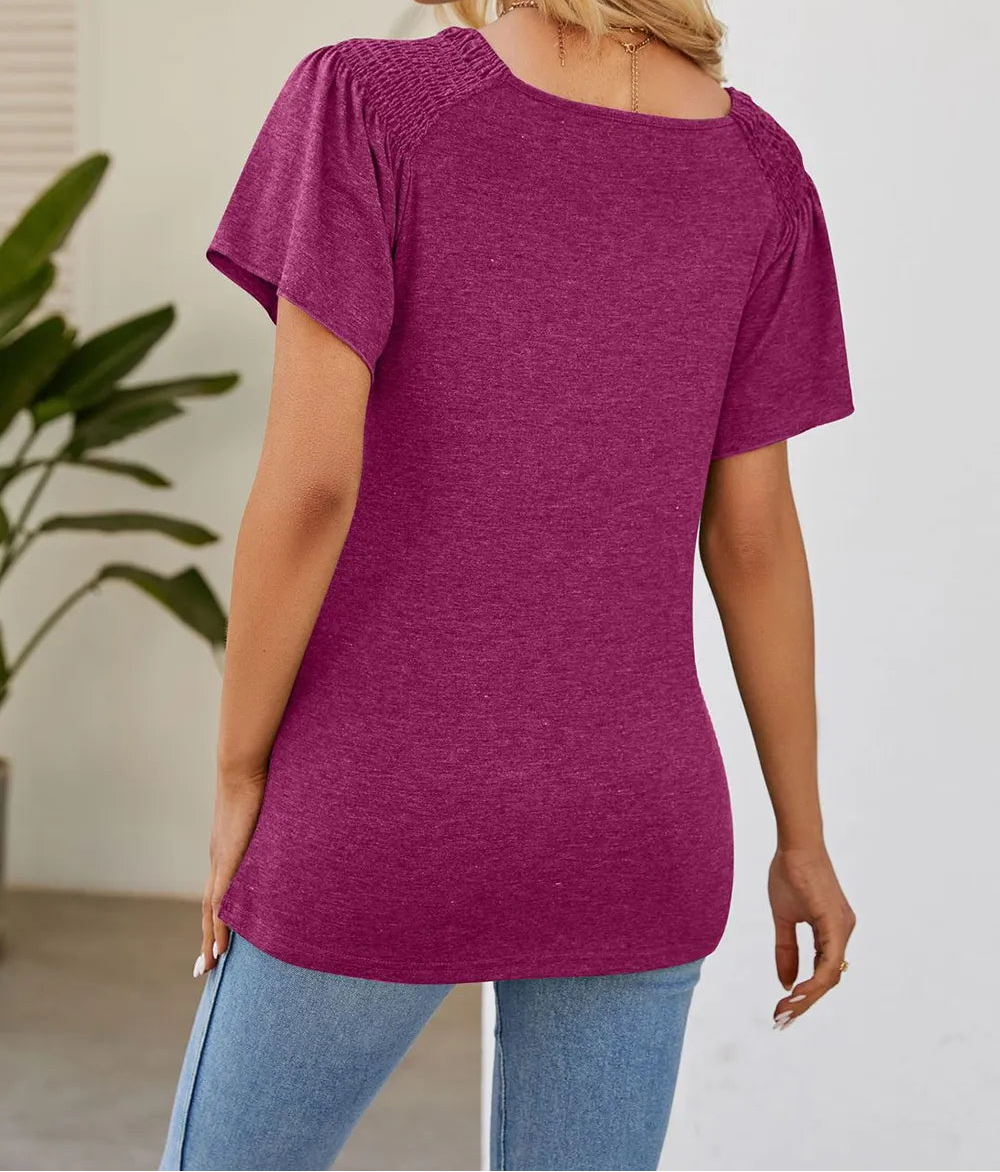 Marigold Collections Australia smocked shoulder flutter sleeve top, stylish blouse with ruffled sleeves and smocking detail.