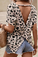 Khaki Leopard Batwing Sleeve Twist Cutout Back T-Shirt