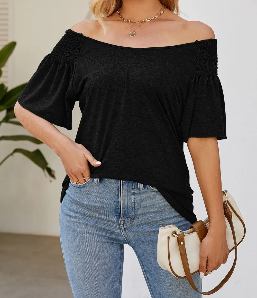 Marigold Collections Australia smocked shoulder flutter sleeve top, lightweight blouse with feminine ruffled sleeves and relaxed fit