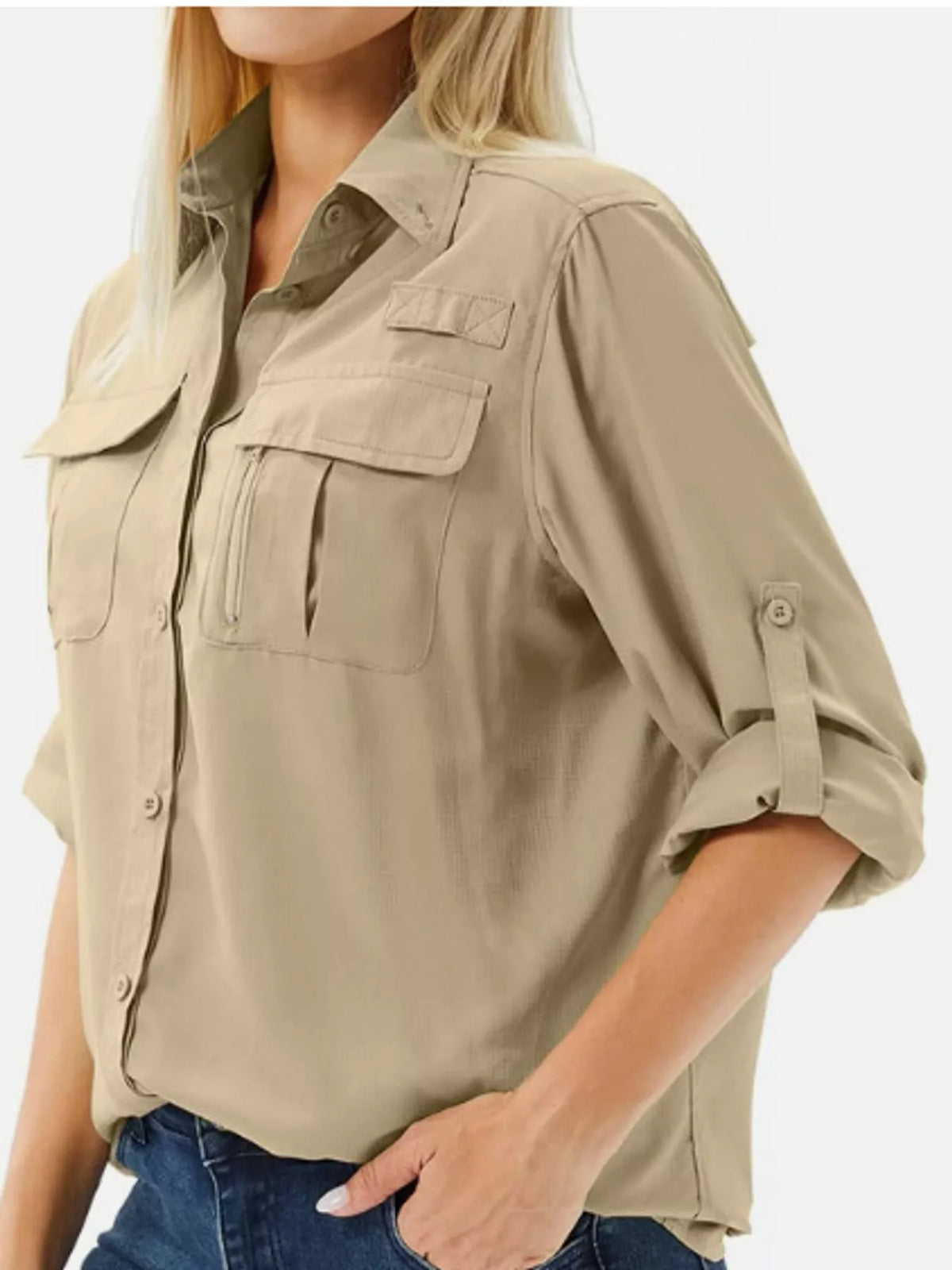 Marigold Collections Australia safari shirt with button-down front, roll-up sleeves, lightweight blouse, outdoor casual top.