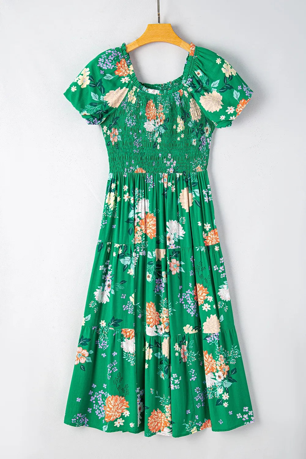 Marigold Collections Australia floral smocked midi dress with on/off shoulder neckline