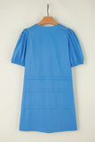 Blue Solid Color Pleated Puff Short Sleeve Shift Dress