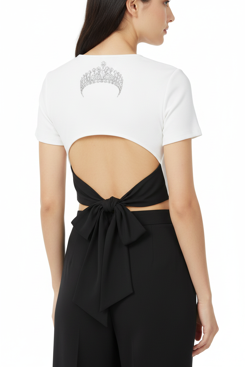 Diamond Tiara Print Bridal Party Hens Women's Slim Fit Boatneck T-Shirt with Back Tie