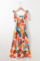 Orange Floral Self Tied Straps Smocked Bust Maxi Dress