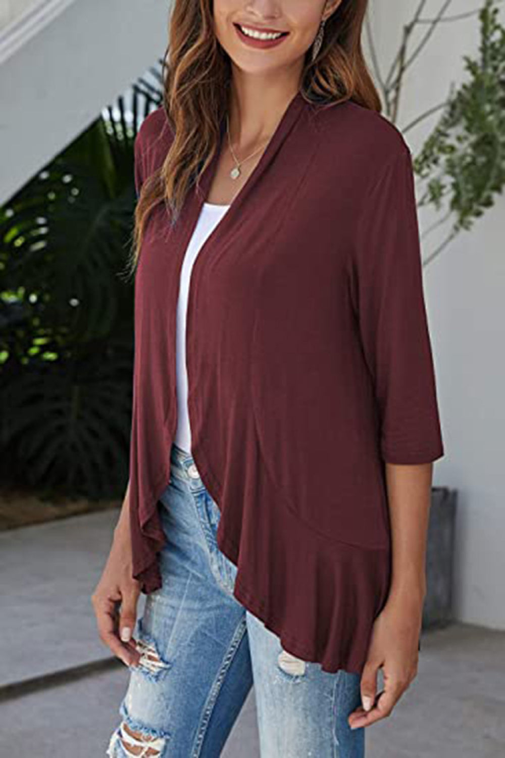 Marigold Collections Australia open front half sleeve cardigan, cozy knit sweater with a relaxed fit and draped design.