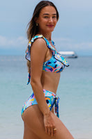 Green Tropical Print Ruffled Square Neck Tie High Waist Swimsuit