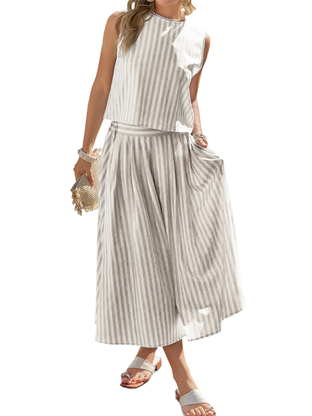 Striped sleeveless top and midi skirt set by Marigold Collections Australia, stylish summer outfit with vibrant pattern.