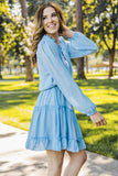 Light Blue V Neck Long Sleeve Ruffle Tiered Mini Dress