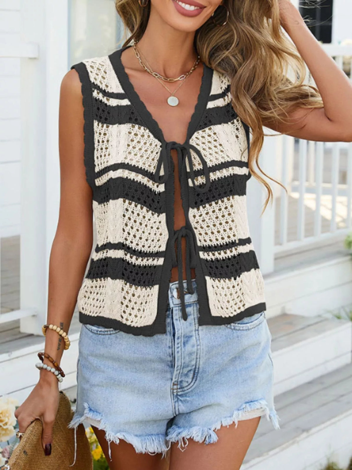Marigold Collections Australia striped crochet style tie-front cardigan vest sweater in a textured knit design