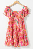 Pink Floral Square Neck Ruffle Sleeve Tiered Dress