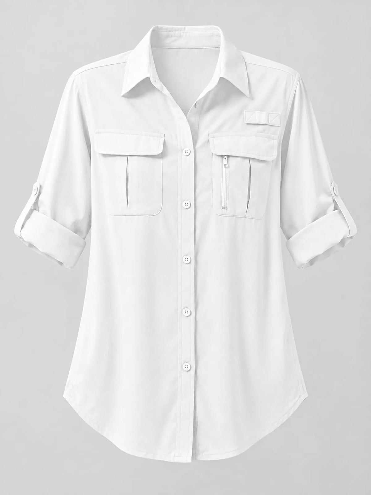 Marigold Collections Australia button-down safari shirt with roll-up sleeves, featuring a classic khaki design and front chest pockets.