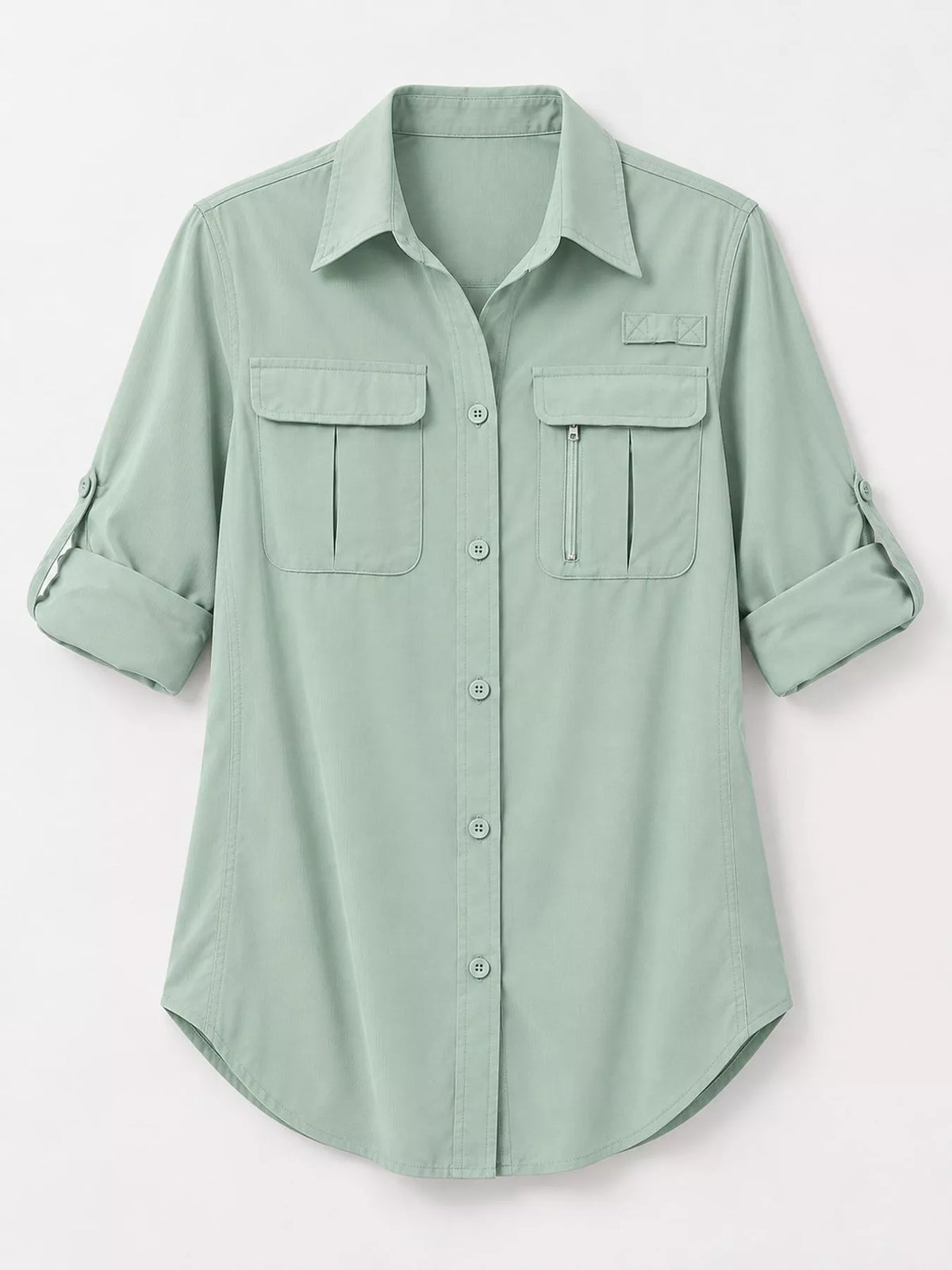 Marigold Collections Australia safari button-down shirt with roll-up sleeves, lightweight blouse in neutral fabric, outdoor style.