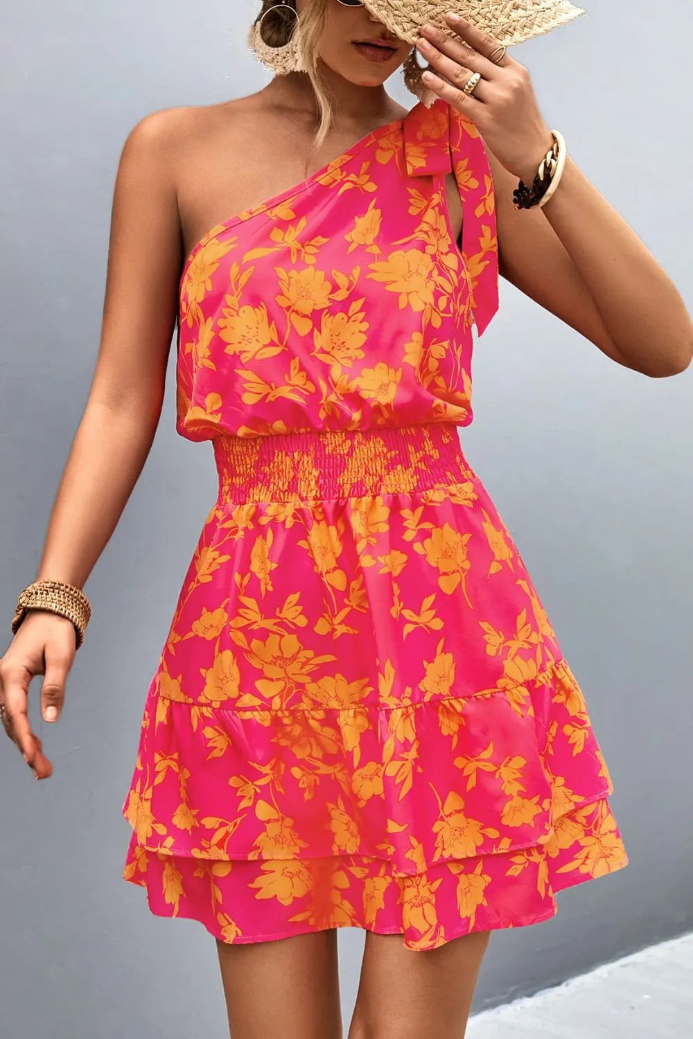 Floral print one-shoulder layered mini dress by Marigold Collections Australia, featuring a stylish and feminine design.