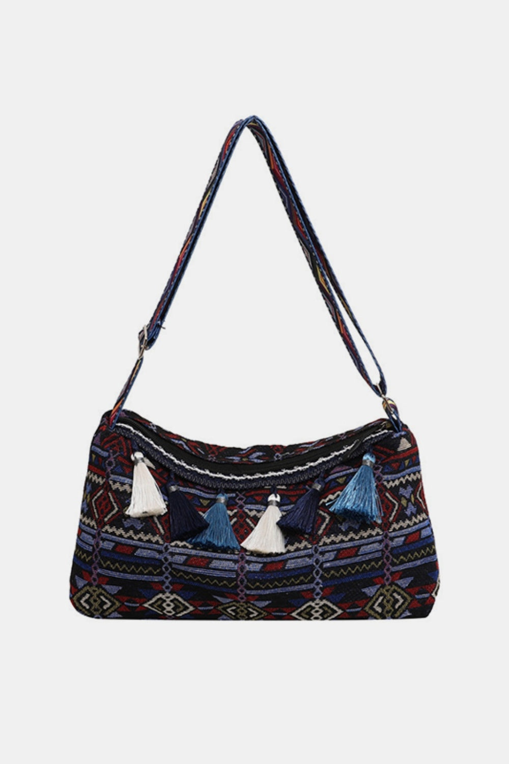 Geometric-Design Tassel Adjustable-Strap Shoulder Bag