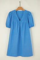 Blue Solid Color Pleated Puff Short Sleeve Shift Dress