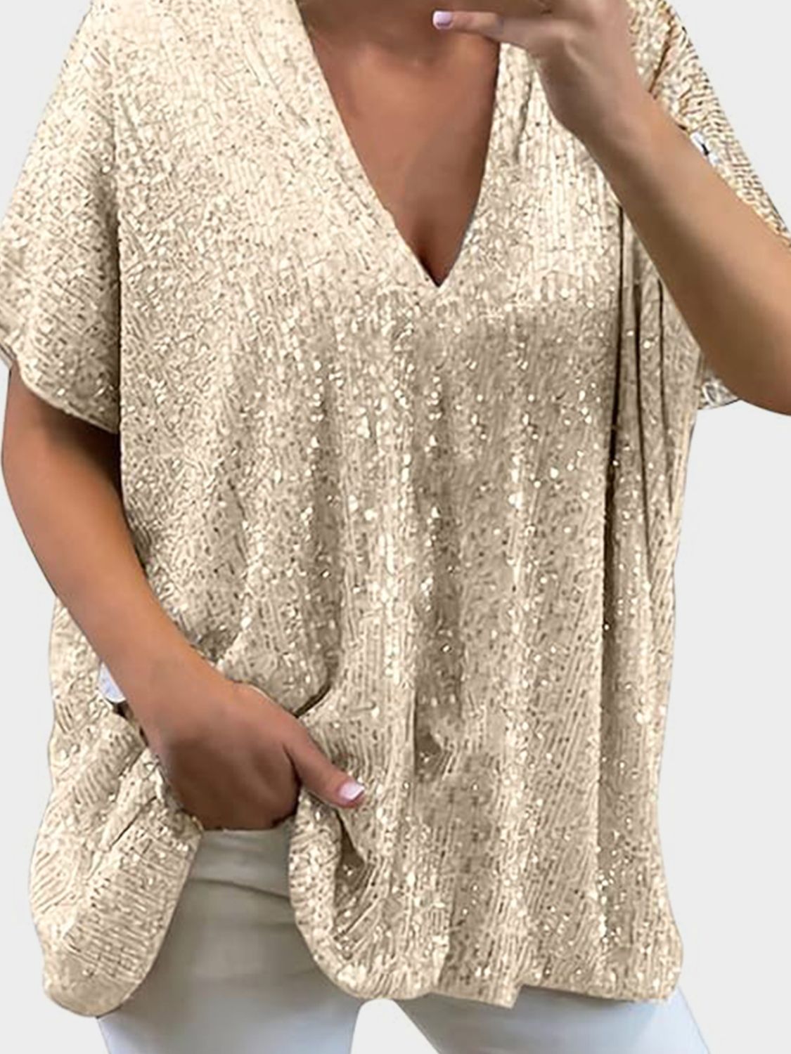 Full Size Sequin V-Neck Short Sleeve Top - MARIGOLD 