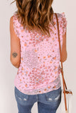 Pink Floral Print Drawstring Frill Trim Sleeveless Top