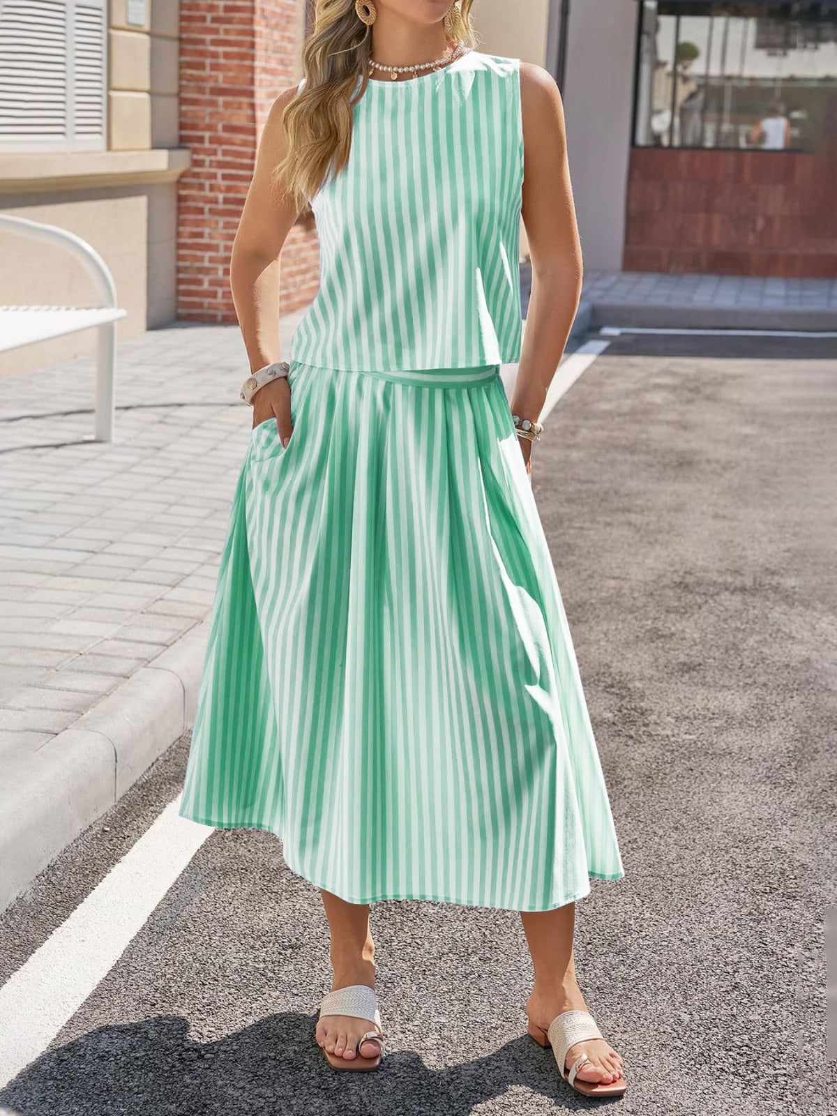 Striped sleeveless top and midi skirt set by Marigold Collections Australia, featuring stylish summer fashion ensemble.