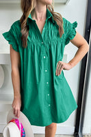 Bright Green Shirred Ruffle Sleeve Button Up Short Dress