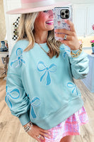 Beau Blue Sequined Bowknot Drop Shoulder Oversized Sweatshirt