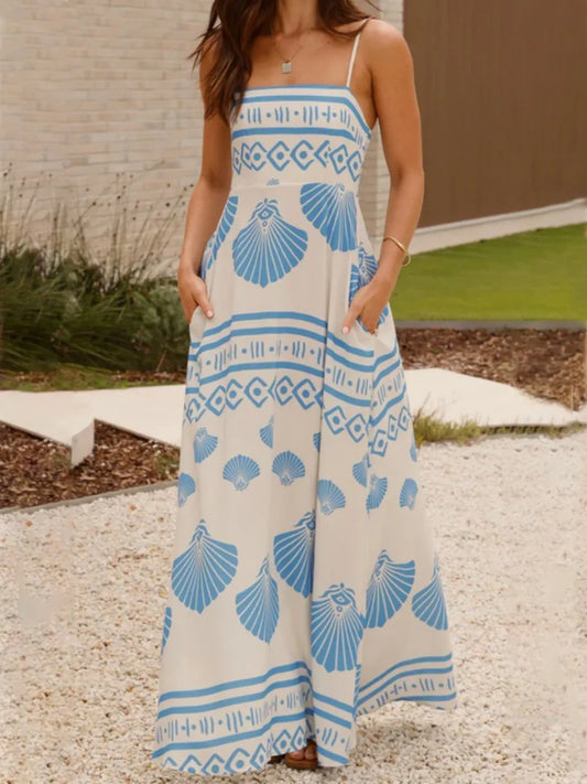 Seashell Print Maxi Dress - Smocked Spaghetti Strap Summer Beach Dress with Pockets