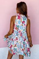 White Frill Mock Neck Sleeveless Tiered Floral Dress