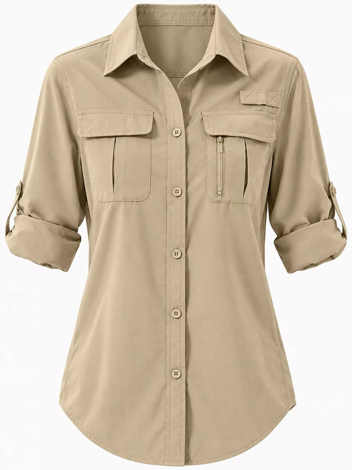 Marigold Collections Australia button-down safari shirt with roll-up sleeves, casual tops featuring earthy tones and lightweight fabric.