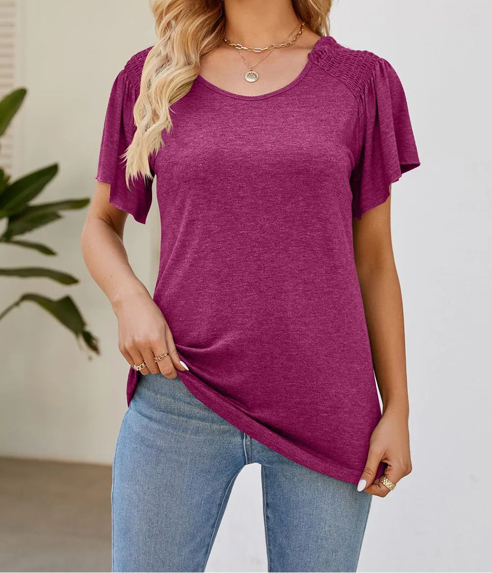 Marigold Collections Australia smocked shoulder flutter sleeve top, lightweight blouse with feminine details and relaxed fit.