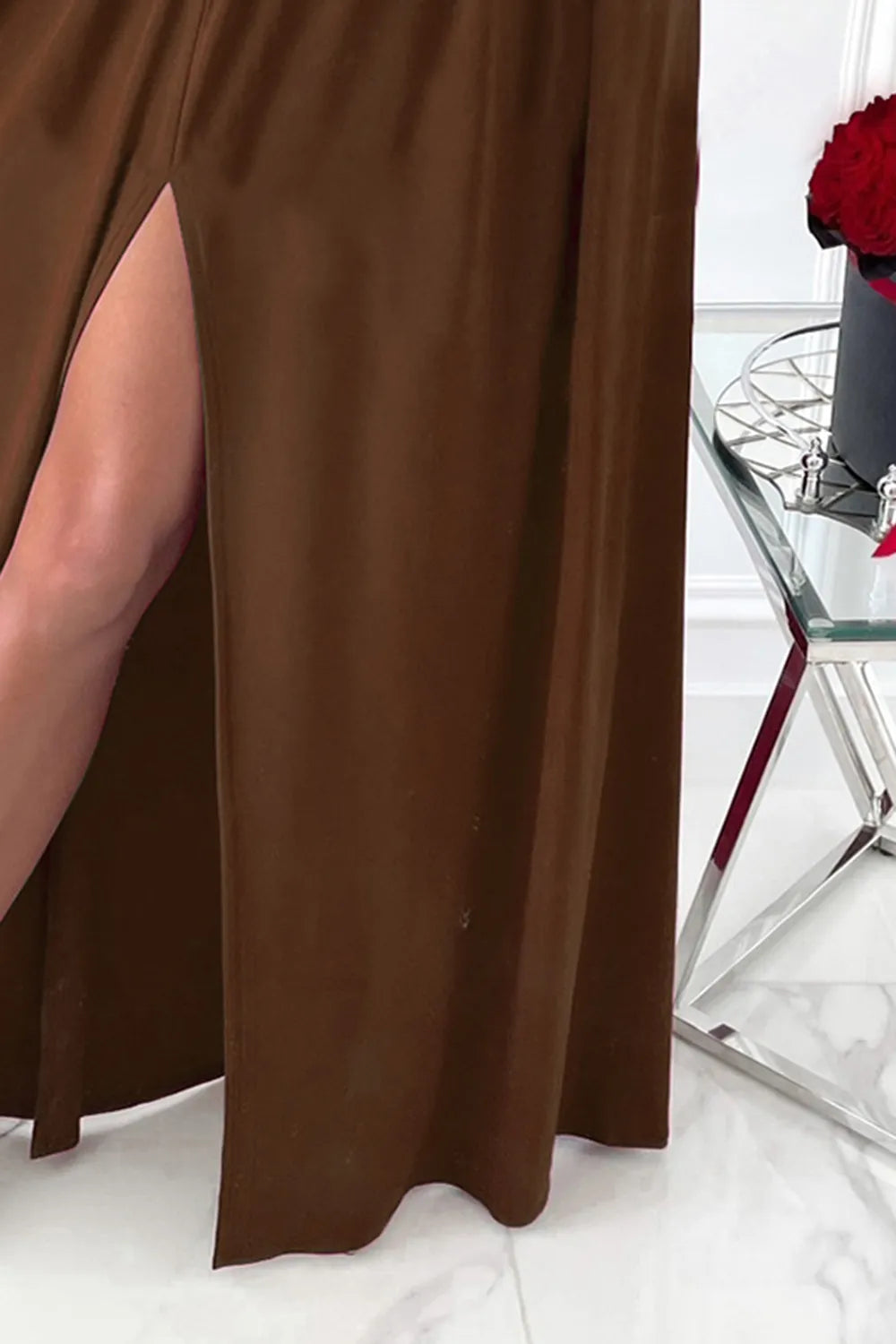 Marigold Collections Australia surplice cold shoulder maxi dress with long sleeves and hem slit, elegant formal evening dress.