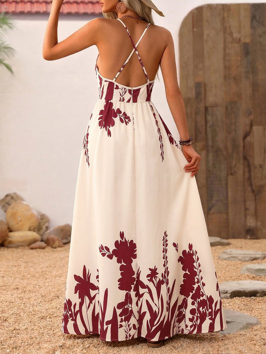 Marigold Collections Australia deep V-neck spaghetti strap maxi dress, formal evening gown with flowing fabric and elegant design.