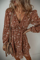 Brown Boho Floral Ruffled Puff Sleeve V Neck Mini Dress