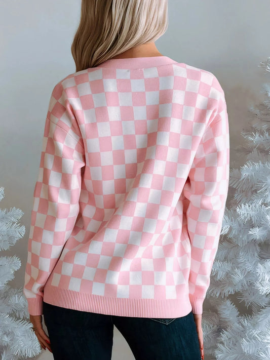 Marigold Collections Australia Christmas tree pattern checkered v-neck cardigan with festive holiday design, long sleeves, and button closure.