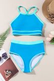 Blue Contrast Trim Crisscross Back High Waisted Bikini