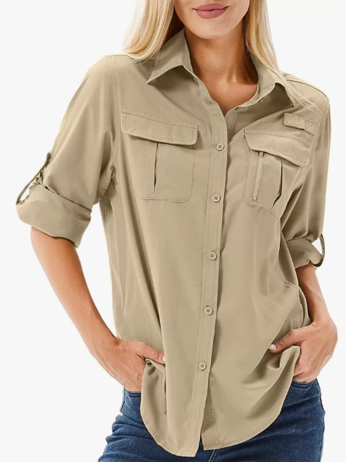 Marigold Collections Australia button-down safari shirt with roll-up sleeves, lightweight tops for casual or outdoor wear.