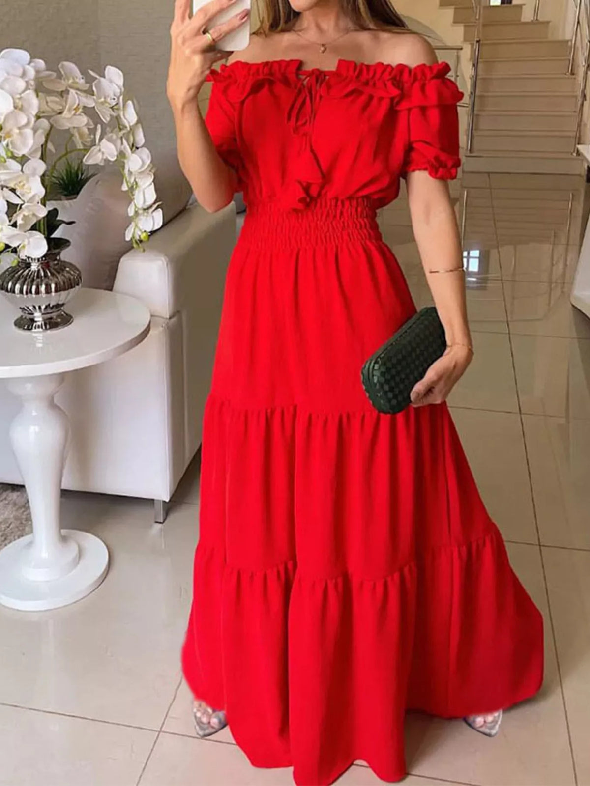 Marigold Collections Australia off-shoulder ruffled tiered maxi dress with flowing fabric and elegant design, perfect for summer wear.