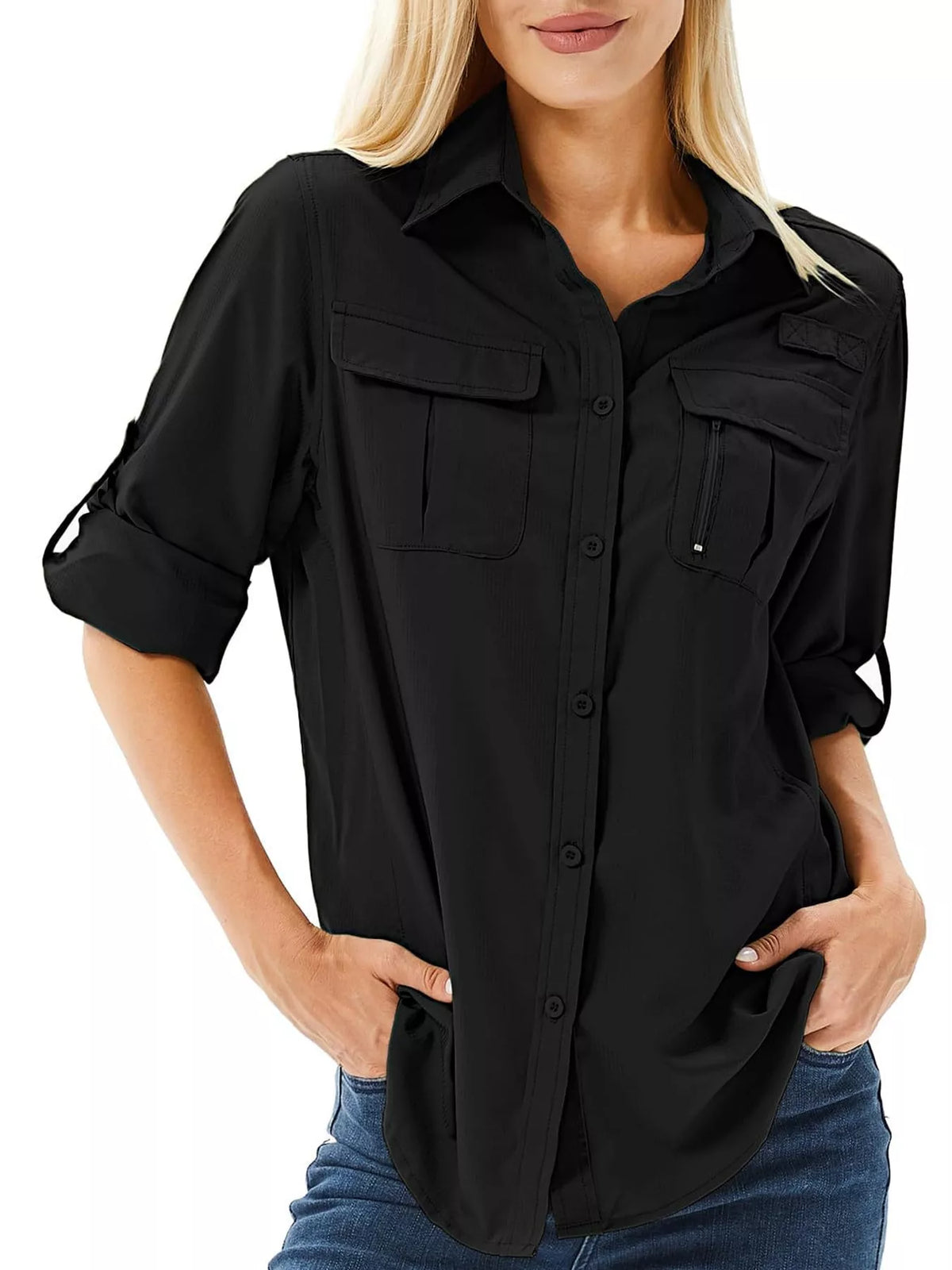 Marigold Collections Australia safari shirt with button-down front and roll-up sleeves, displayed in a natural outdoor setting.