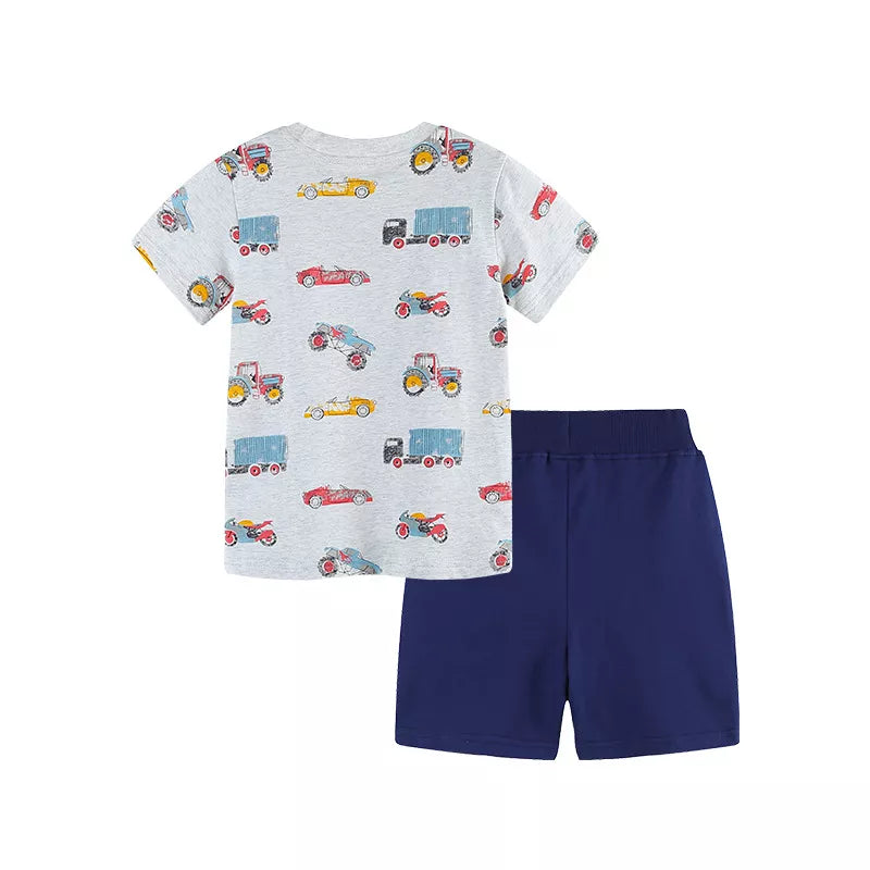 Kids' vehicle print T-shirt and shorts set by Marigold Kids, featuring colorful vehicle designs for boys.