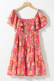 Pink Floral Square Neck Ruffle Sleeve Tiered Dress