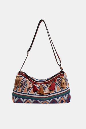 Geometric-Design Tassel Adjustable-Strap Shoulder Bag