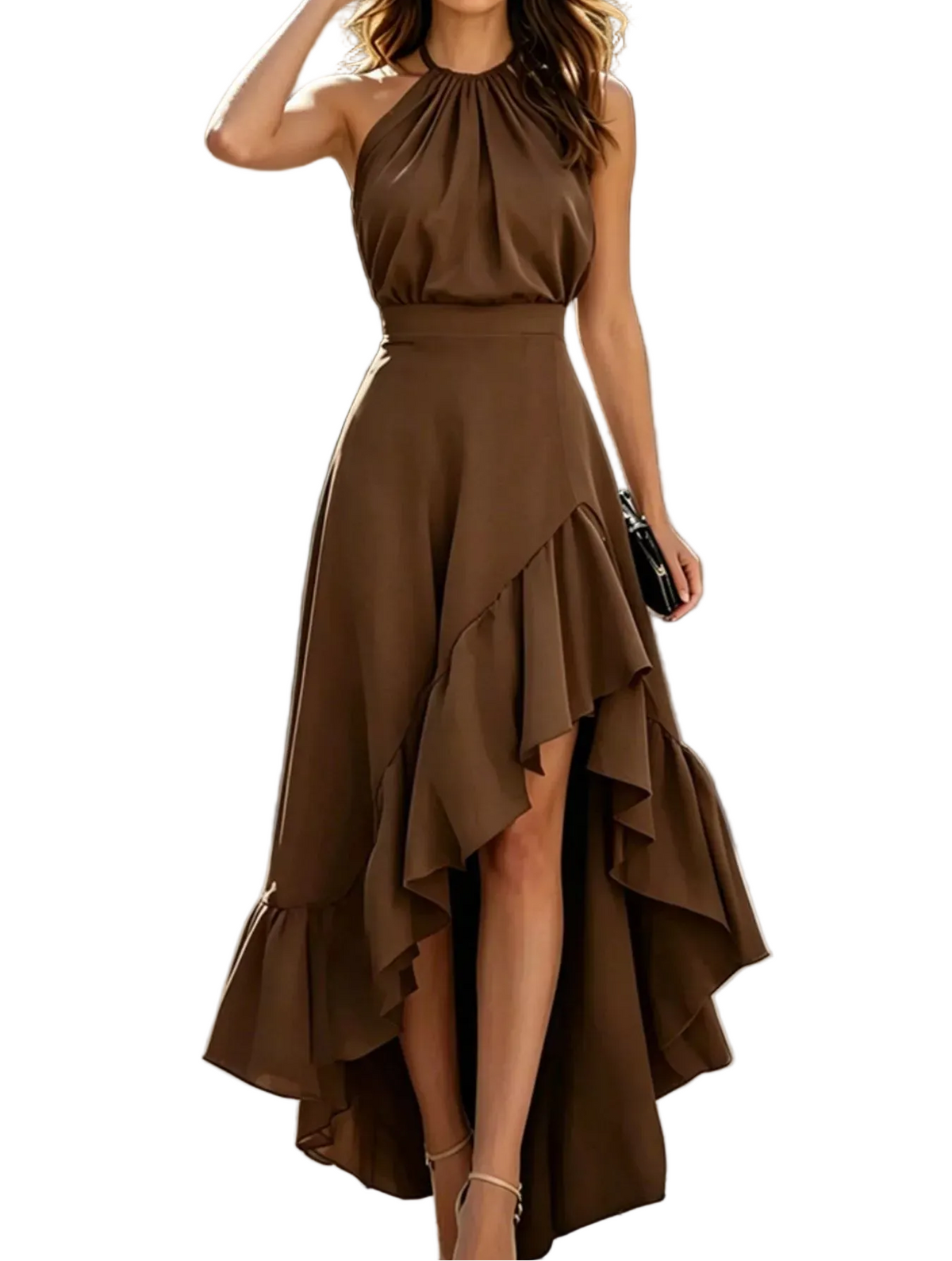Halter Neck Ruffled High-Low Maxi Dress