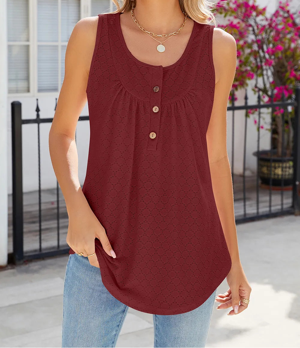 Marigold Collections Australia eyelet buttoned round neck tank top in soft fabric with eyelet details and button accents.