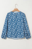 Blue Ditsy Floral Print Lantern Sleeve Blouse