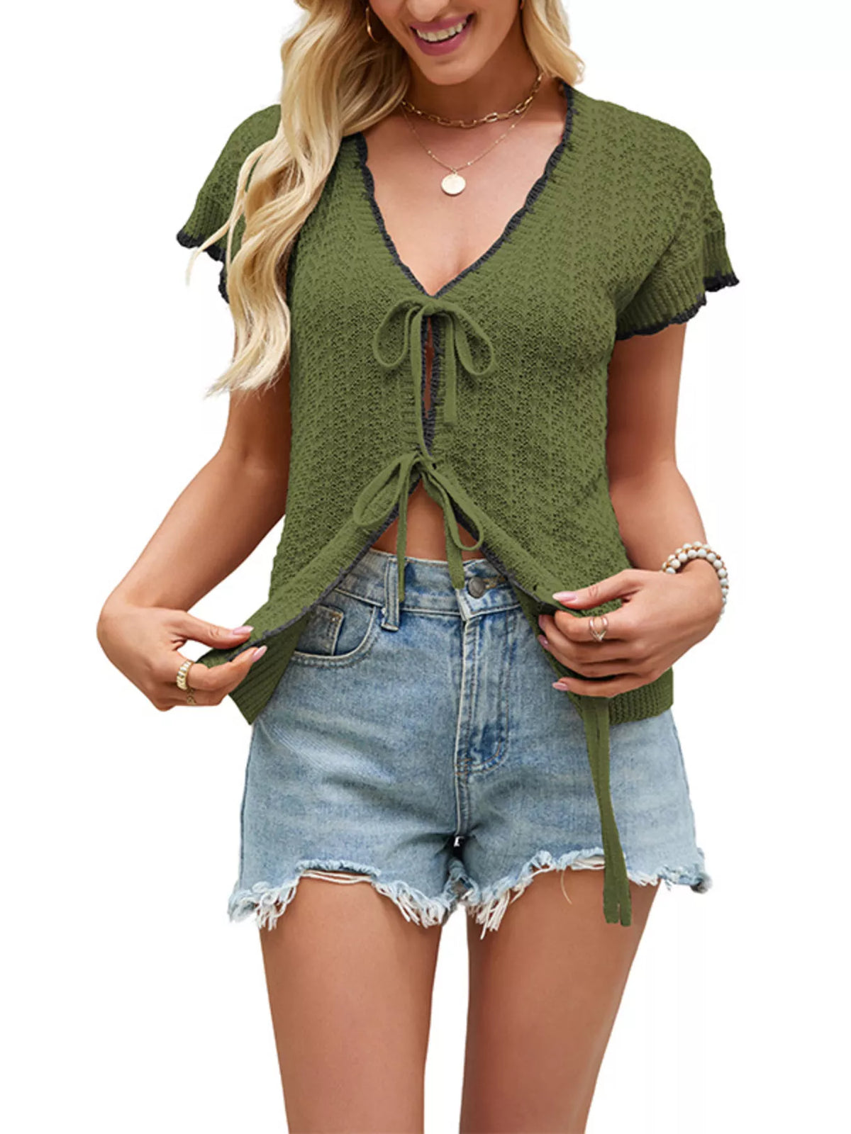 Marigold Collections Australia tie-front knit short sleeve cardigan in soft neutral fabric