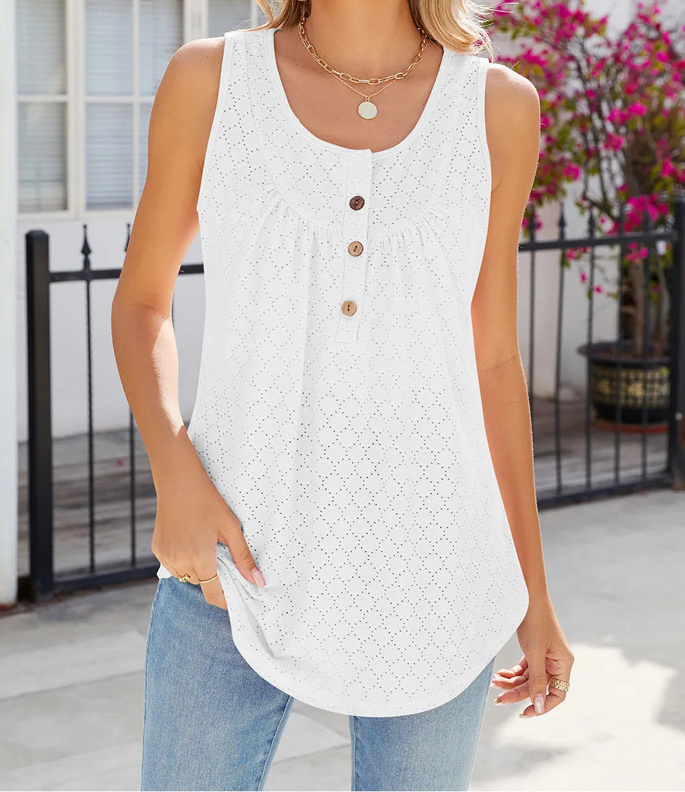 Marigold Collections Australia eyelet buttoned round neck tank top, sleeveless casual top with eyelet details and button accents.