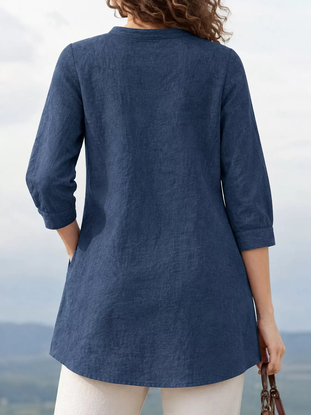Marigold Collections Australia half button pocketed 3/4 sleeve blouse, stylish tops with front pockets and relaxed fit.