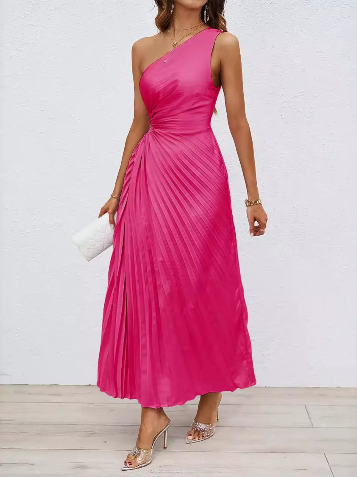 Marigold Collections Australia one-shoulder cutout pleated midi dress featuring elegant design and flowing fabric for formal occasions.
