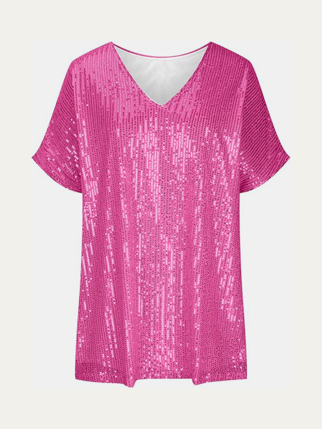 Full Size Sequin V-Neck Short Sleeve Top - MARIGOLD 